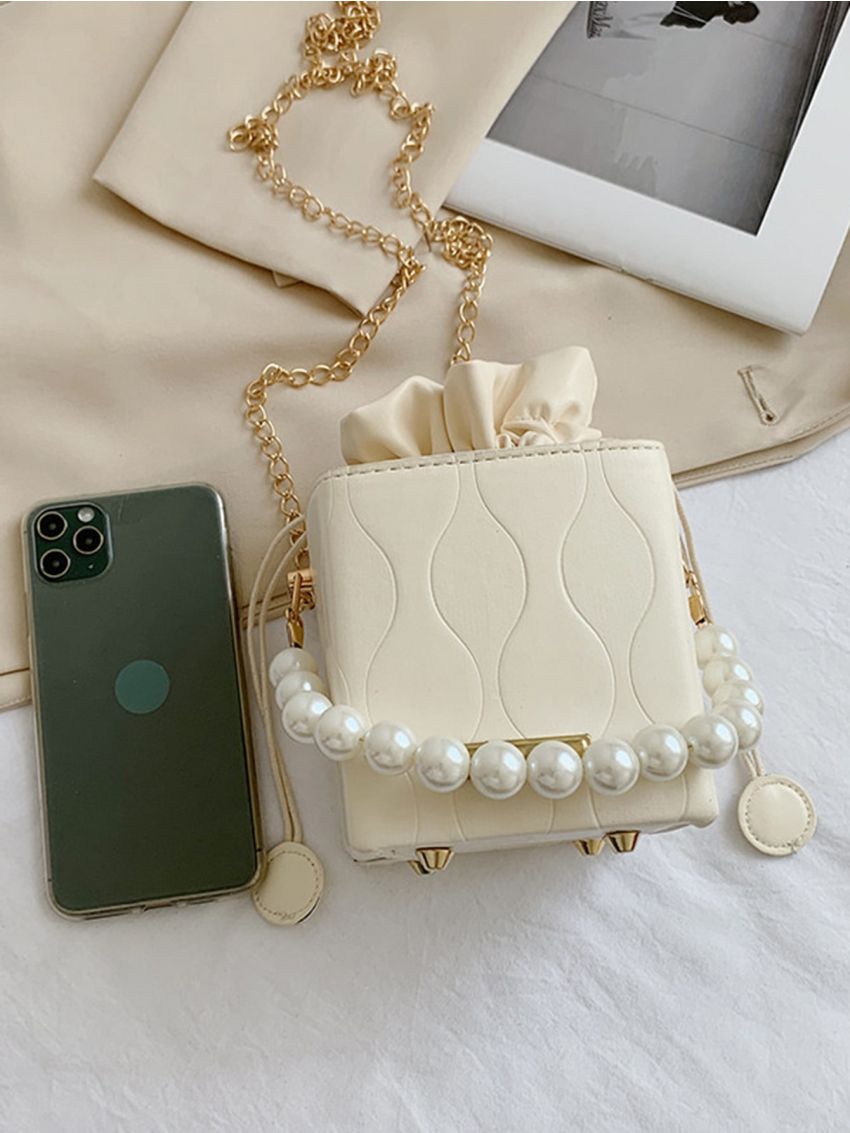 Mini Geometric Pattern Drawstring Design Pearl Decor Bucket Bag