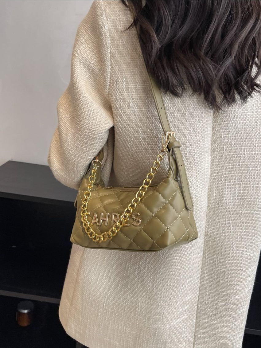 Quilted Letter Graphic Chain Decor Hobo Bag