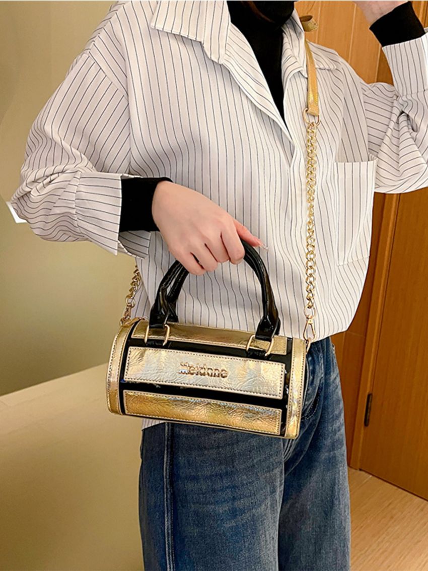 Metallic Letter Graphic Chain Bucket Bag