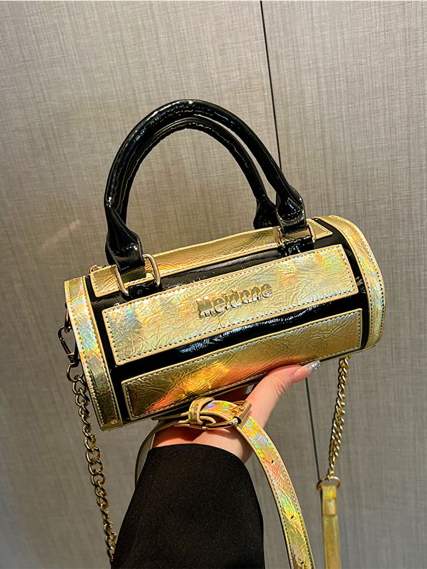 Metallic Letter Graphic Chain Bucket Bag