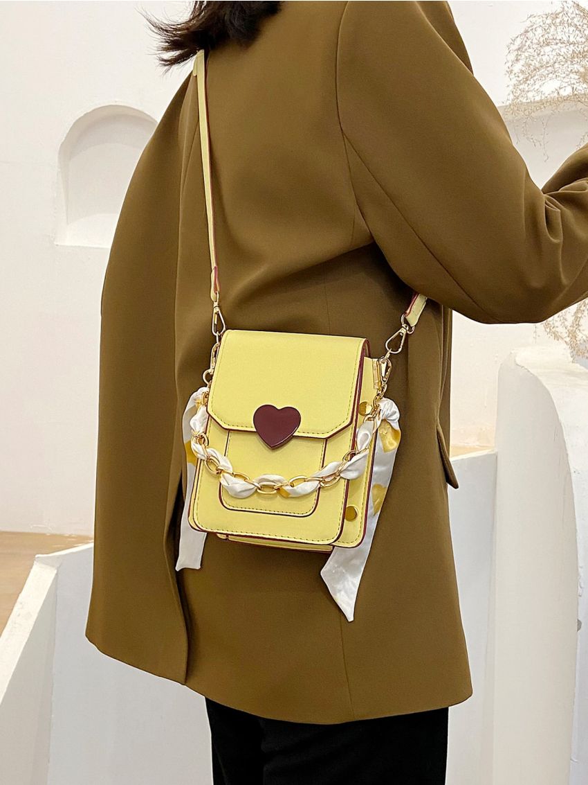 Mini Heart & Twilly Scarf Decor Contrast Binding Flap Square Bag