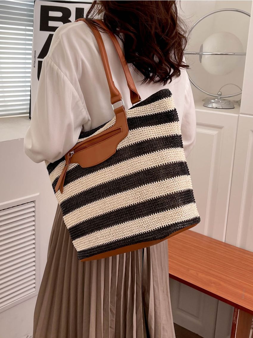 Striped Pattern Shoulder Tote Bag, Clear Bag