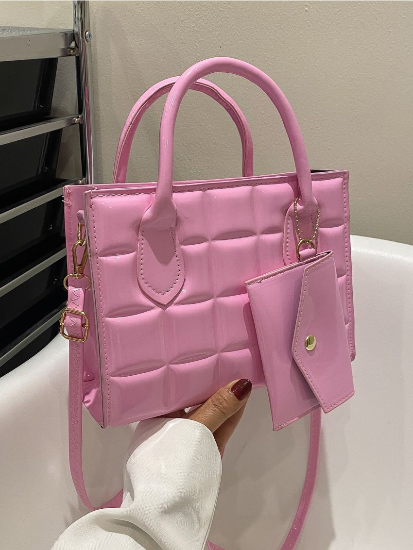 Geometric Embossed Square Bag With Purse