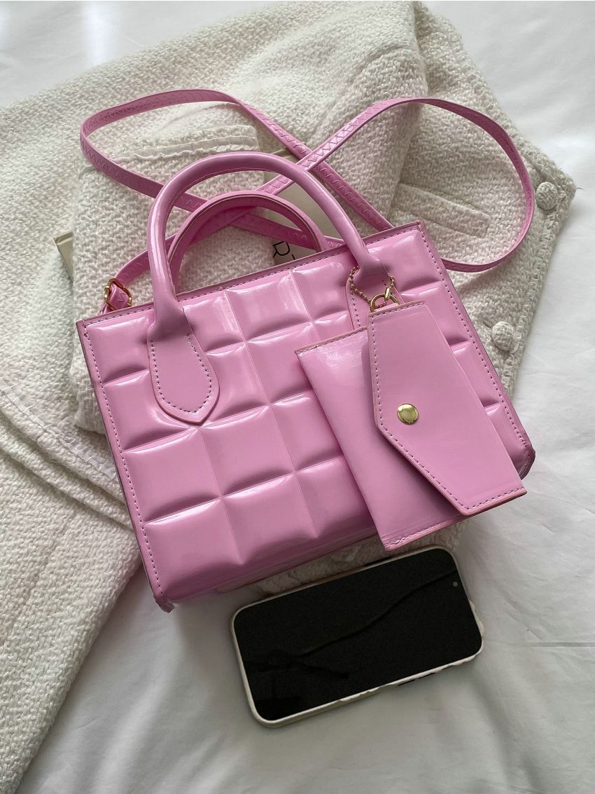 Geometric Embossed Square Bag With Purse