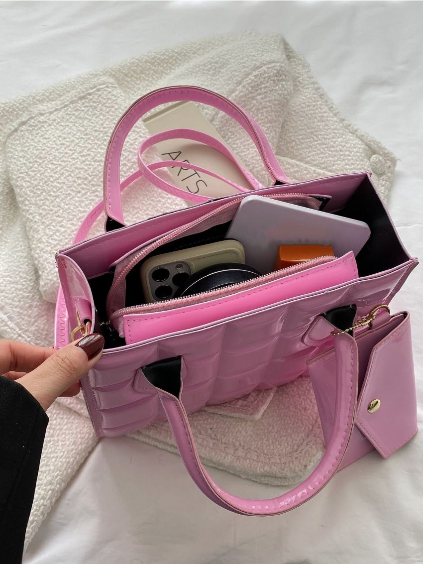 Geometric Embossed Square Bag With Purse