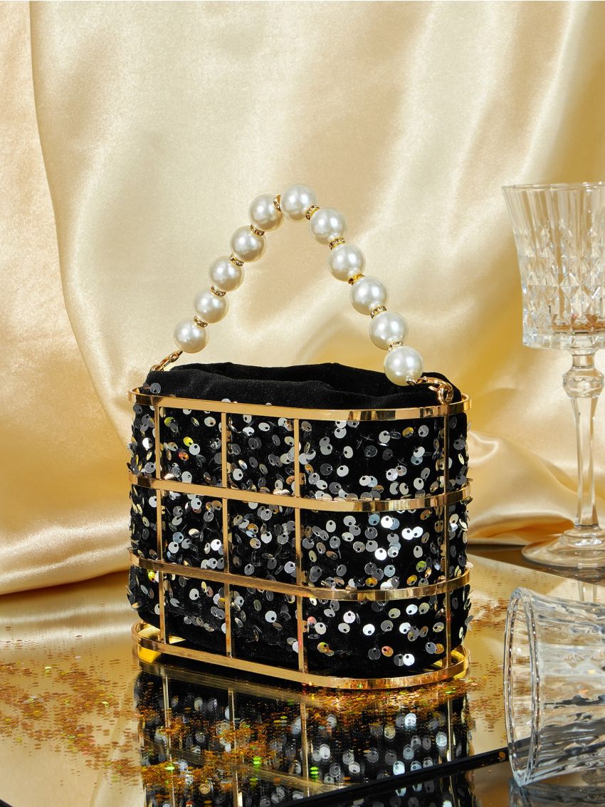 Mini Sequin & Faux Pearl Decor Bucket Bag