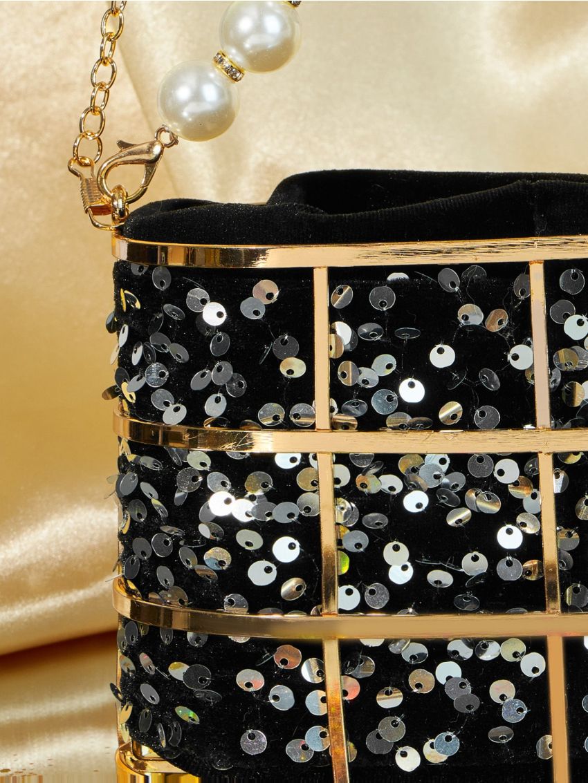 Mini Sequin & Faux Pearl Decor Bucket Bag