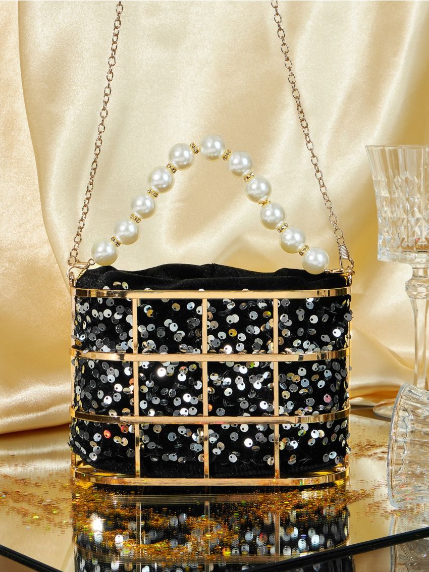 Mini Sequin & Faux Pearl Decor Bucket Bag