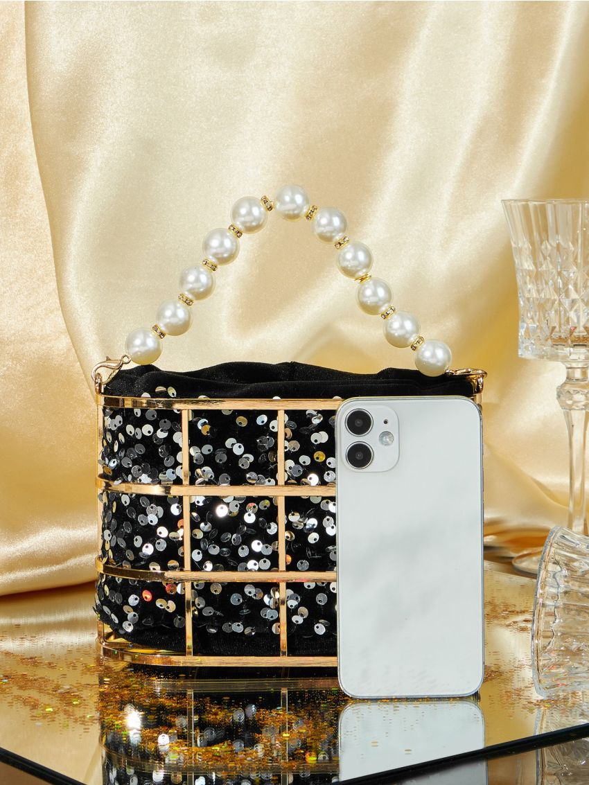 Mini Sequin & Faux Pearl Decor Bucket Bag
