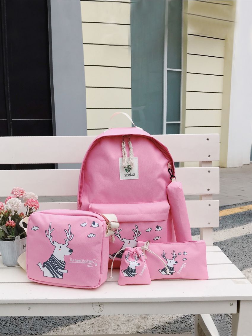 5pcs Cartoon Deer & Letter Graphic Classic Backpack Set