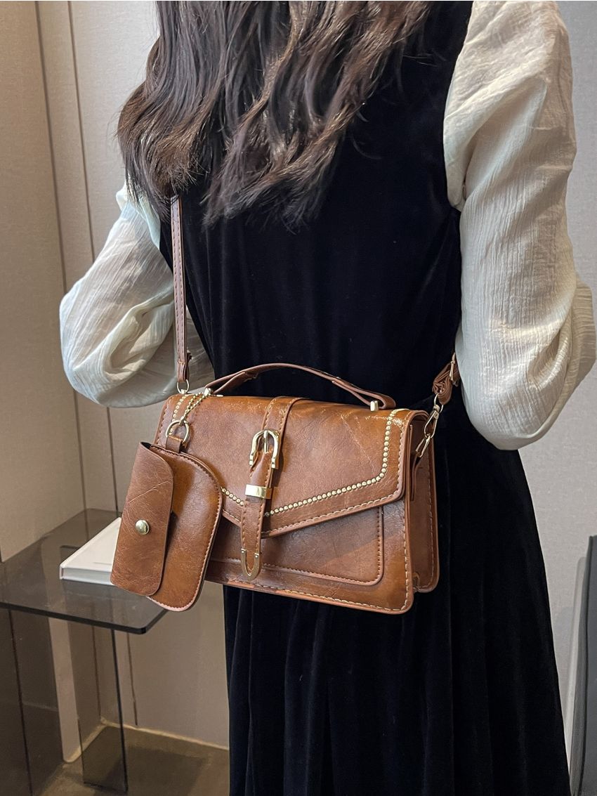 Buckle Decor Square Bag With Coin Purse