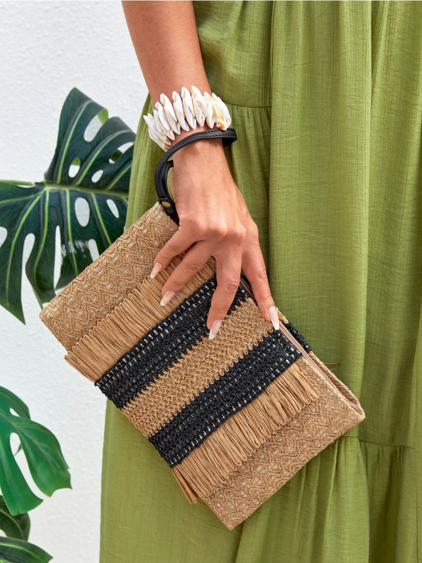 Two Tone Fringe Decor Straw Bag