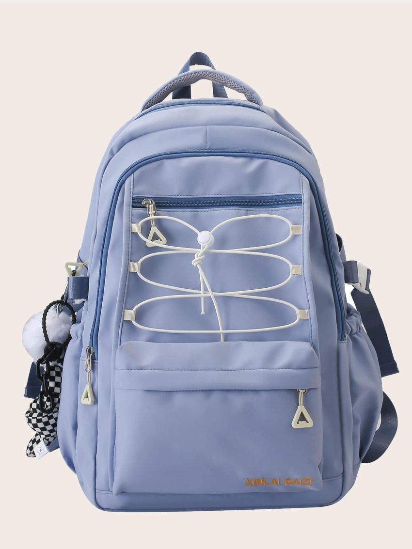 Letter Pattern Functional Backpack With Bag Charm