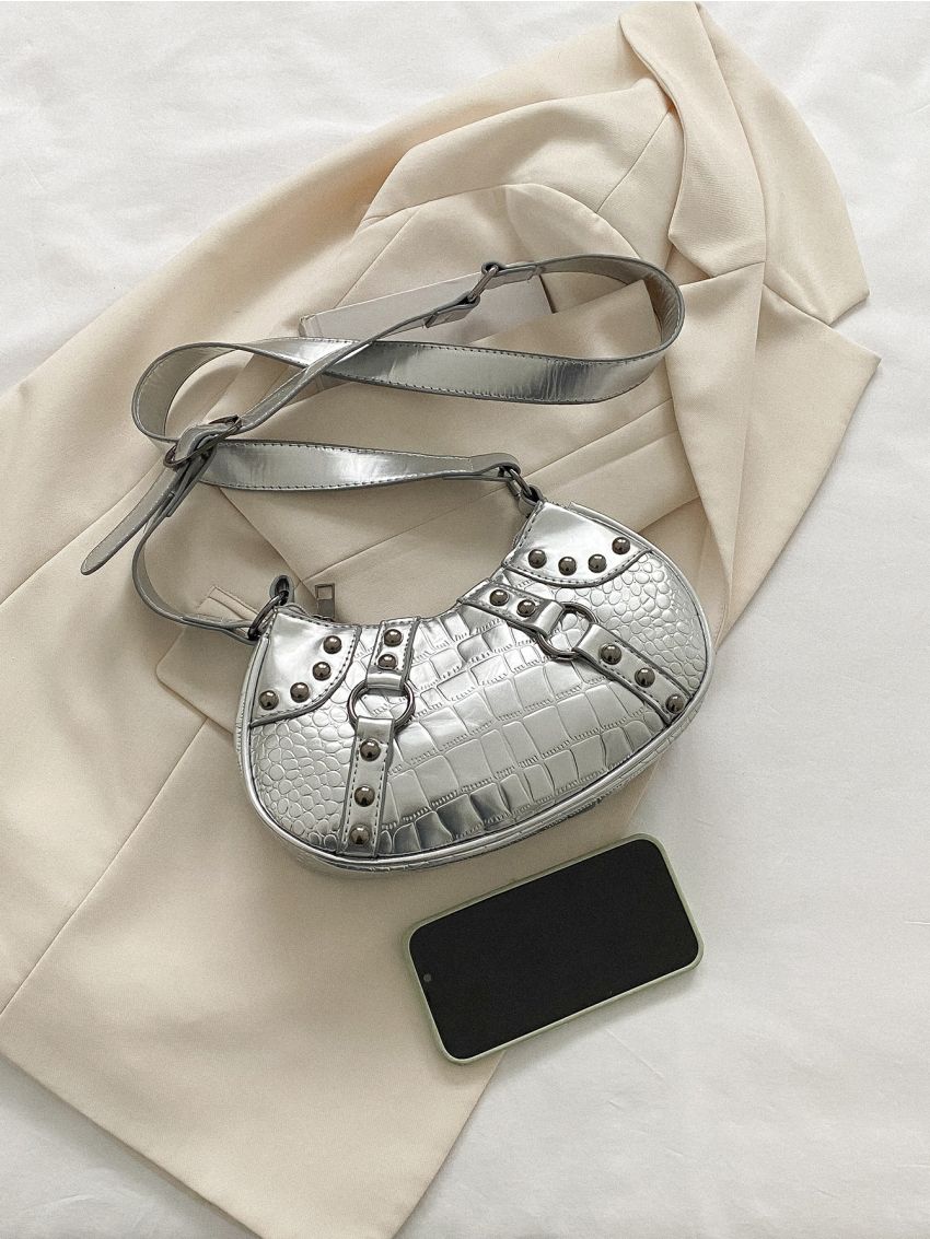 Metallic Crocodile Embossed Studded Decor Hobo Bag