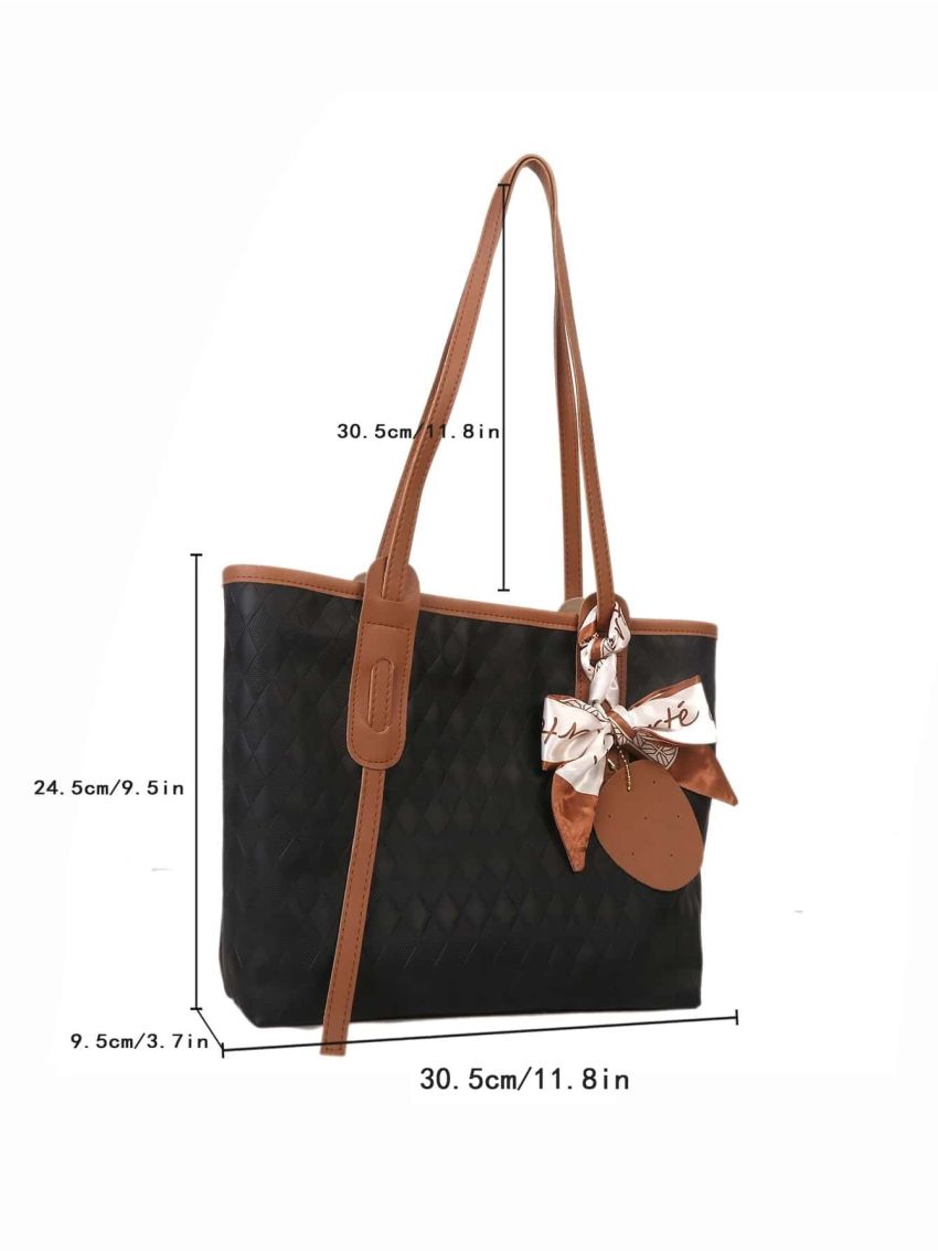 Argyle Embossed Twilly Scarf Decor Shoulder Tote Bag With Purse, Best Work Bag For Women