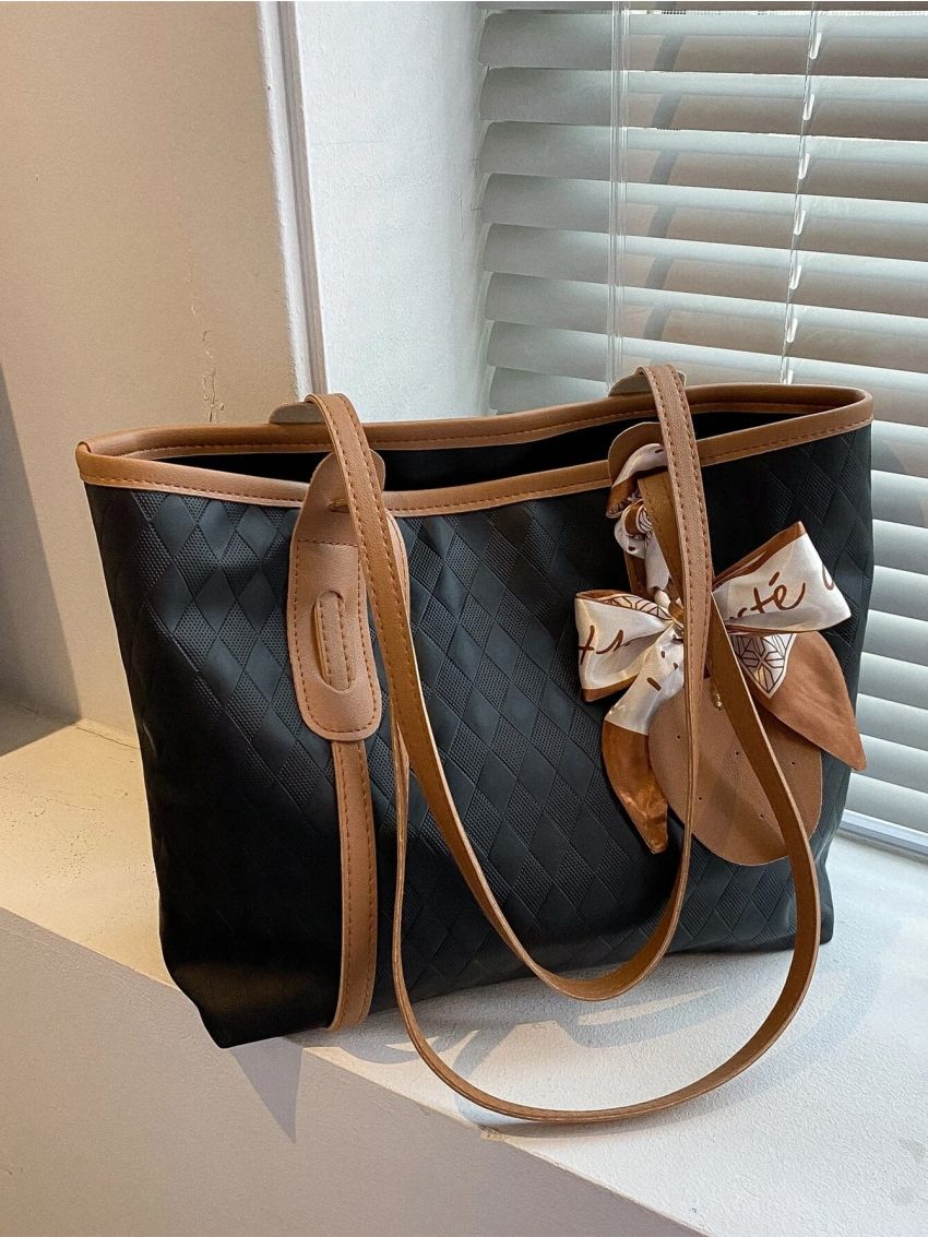 Argyle Embossed Twilly Scarf Decor Shoulder Tote Bag With Purse, Best Work Bag For Women