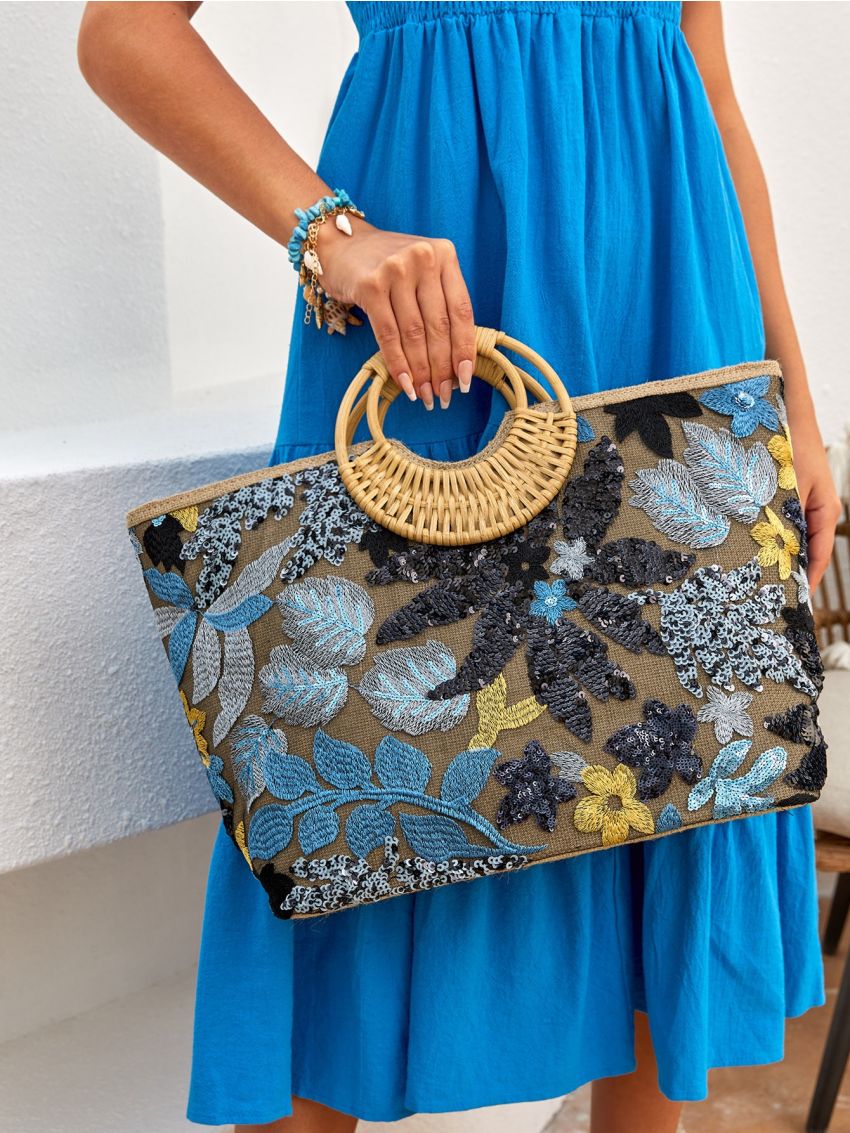 Floral Embroidered Linen Top Handle Bag