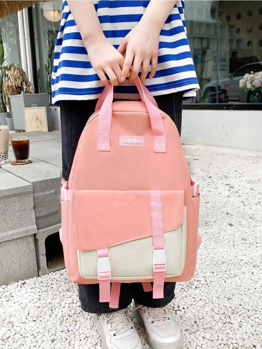 4pcs Badge Decor Letter Graphic Functional Backpack Set