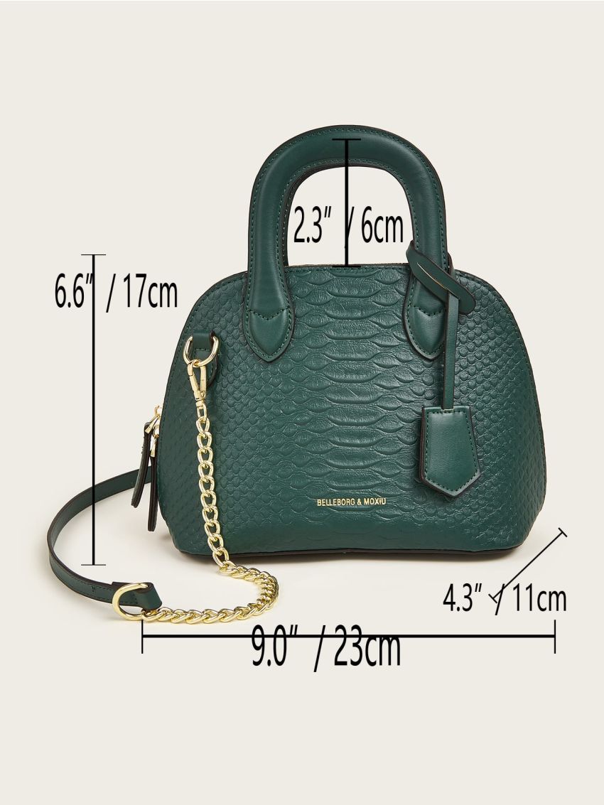 Crocodile Embossed Letter Graphic Chain Decor Double Handle Dome Bag