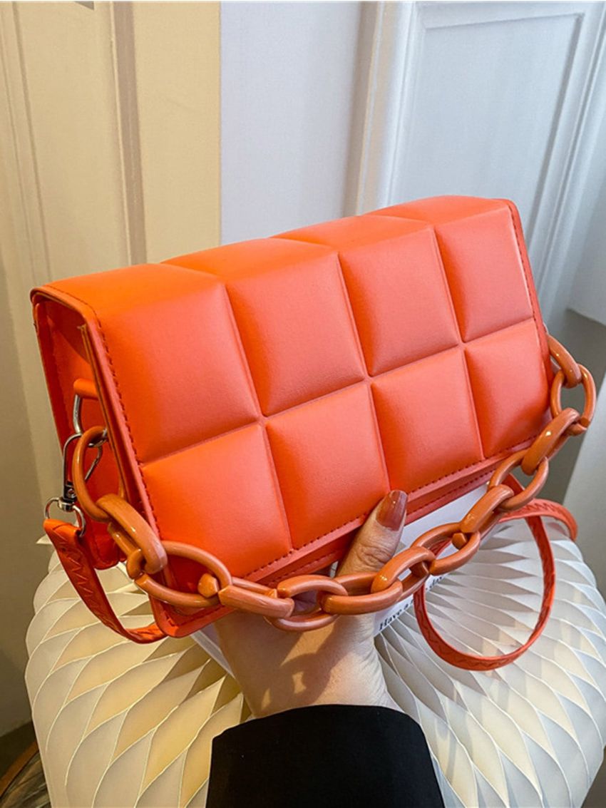 Mini Neon-orange Geometric Embossed Chain Decor Flap Square Bag