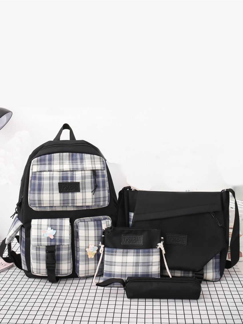 4pcs Plaid Pattern Badge Decor Functional Backpack Set