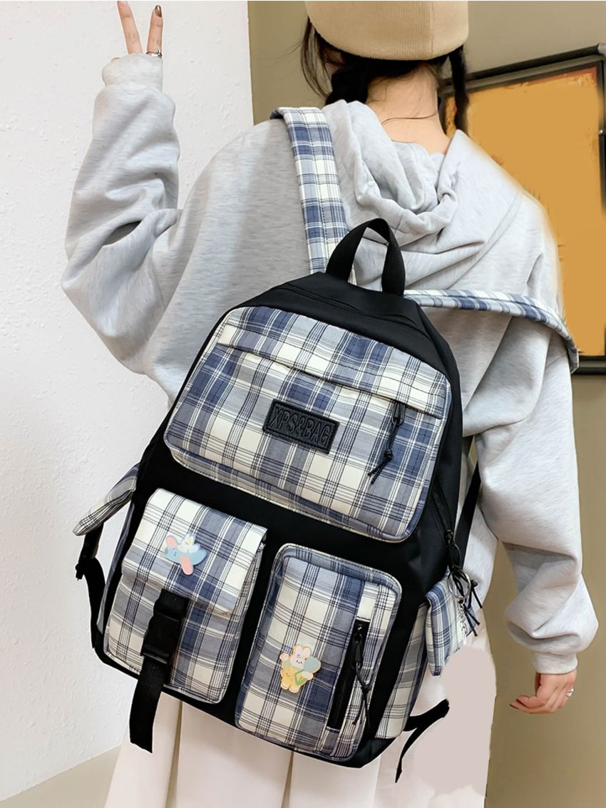 4pcs Plaid Pattern Badge Decor Functional Backpack Set