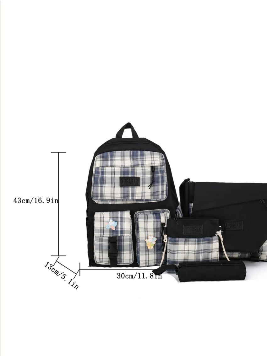 4pcs Plaid Pattern Badge Decor Functional Backpack Set