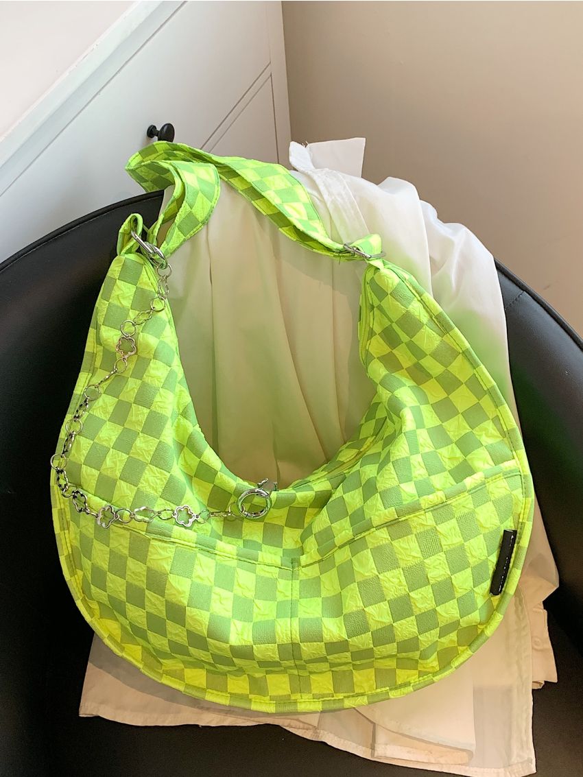Plaid Letter Patch Chain Decor Large Capacity Hobo Bag