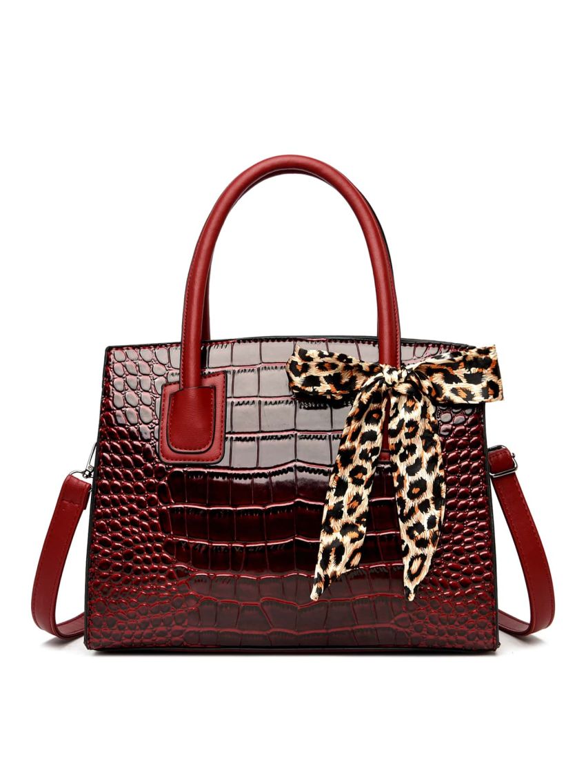 Crocodile Embossed Scarf Decor Satchel Bag