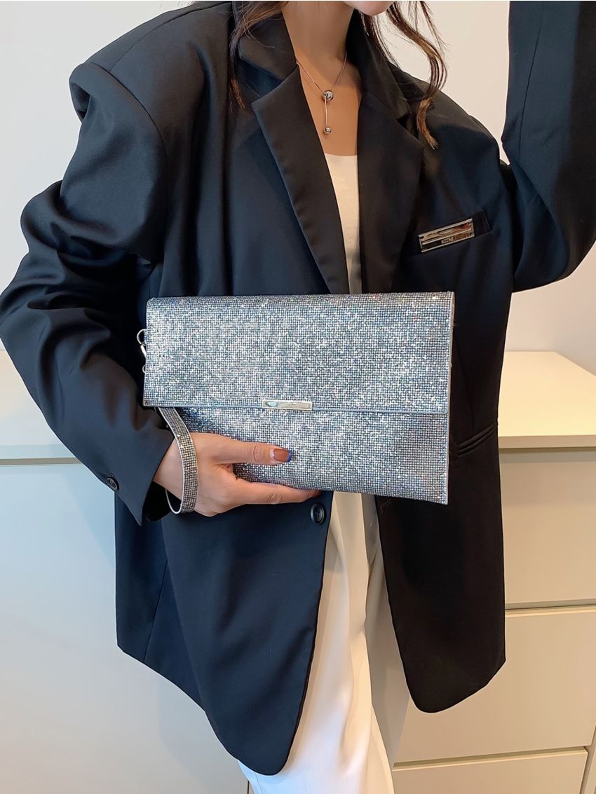 Glitter Metal Decor Flap Square Bag