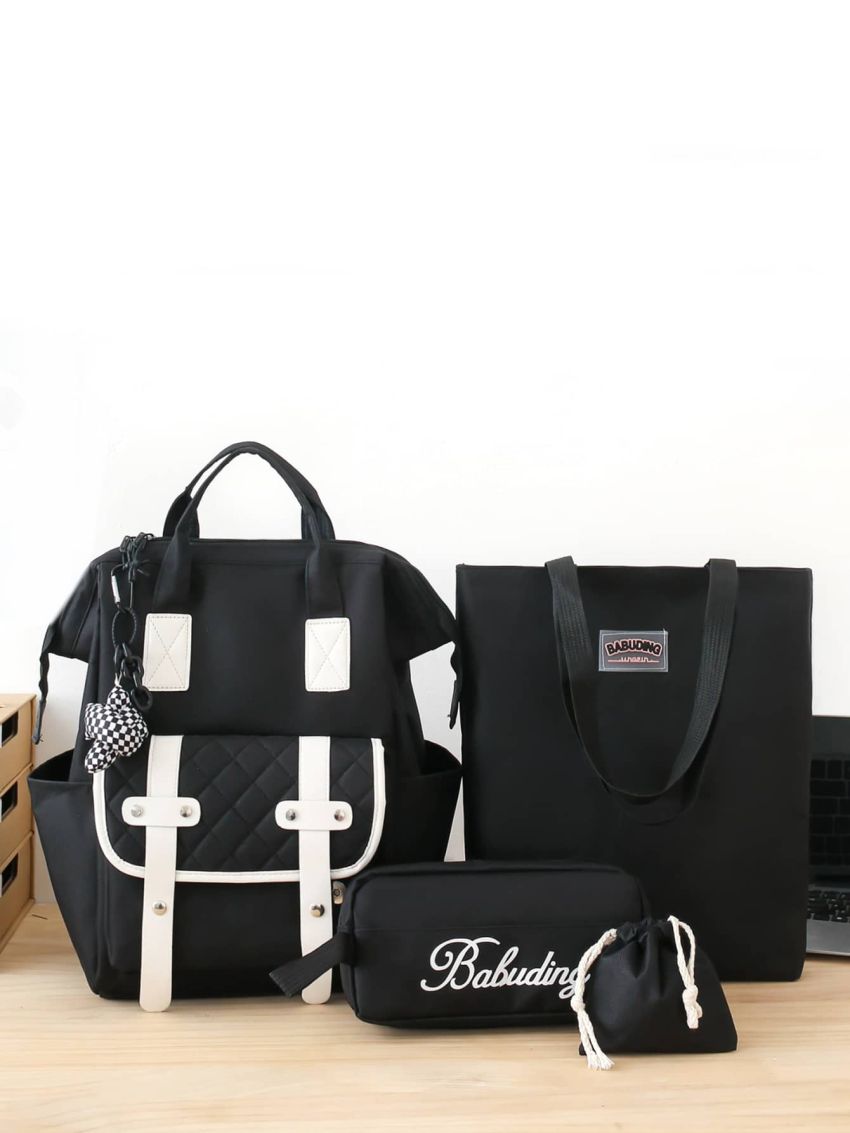 4pcs Letter Graphic Functional Backpack Set With Bag Charm