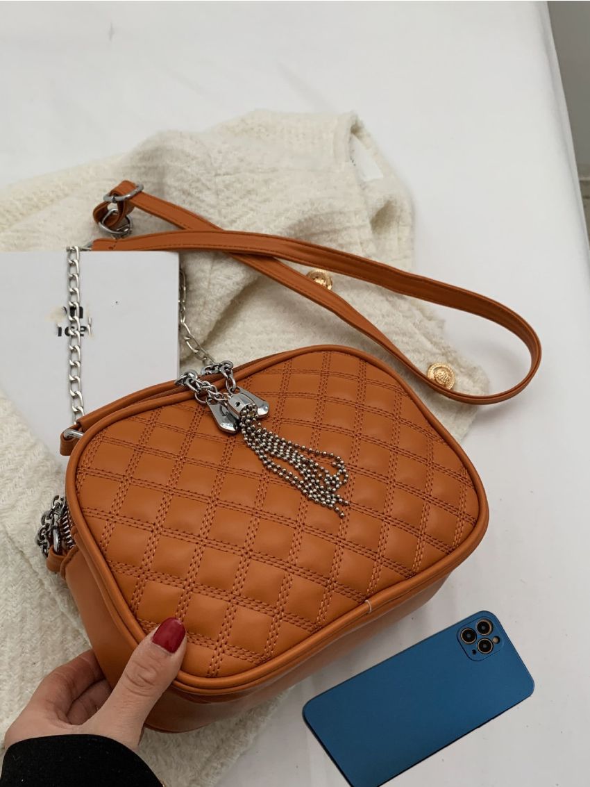 Mini Quilted Pattern Tassel Decor Square Bag