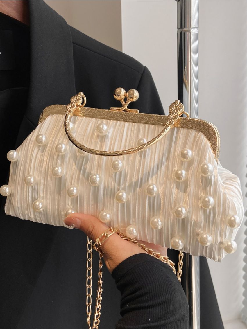 Ruched Detail Pearl Decor Chain Square Bag