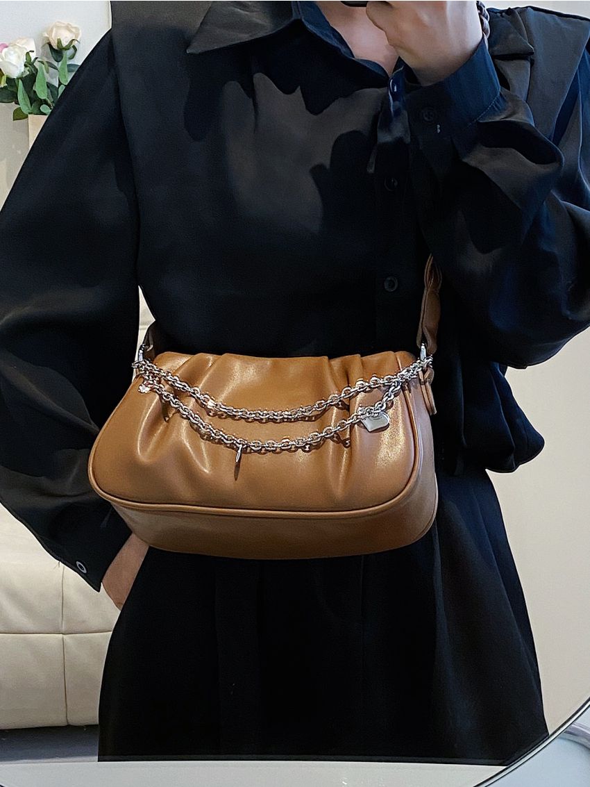 Chain Decor Braided Strap Ruched Bag