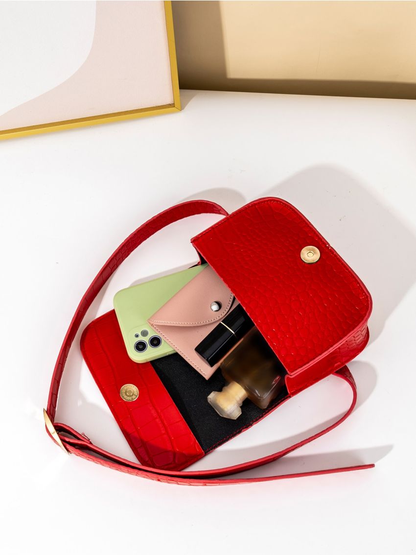 Mini Neon Red Crocodile Embossed Belt Bag