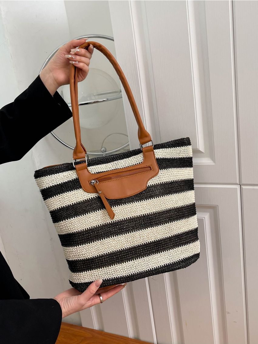 Striped Pattern Double Handle Tote Bag