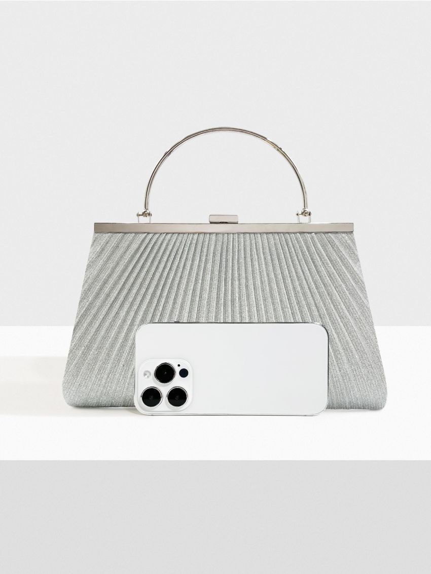 Medium Ruched Bag Silver Metal Decor Top Handle