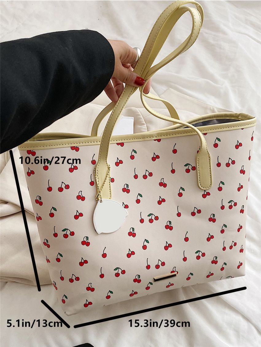 Cherry Graphic Shoulder Tote Bag With Bag Charm