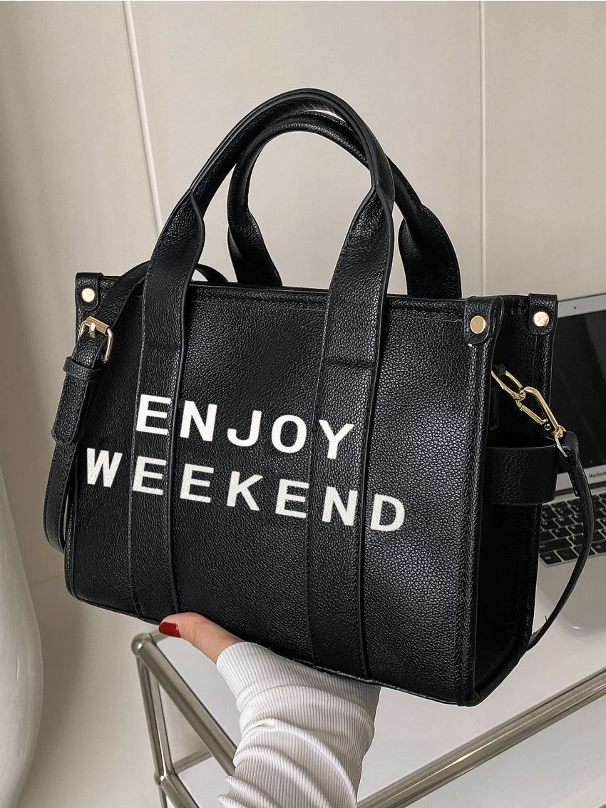 Letter Print Tote Bag, Stylish Women's Handbag, Artificial Leather Shoulder Bag With Detachable Strap