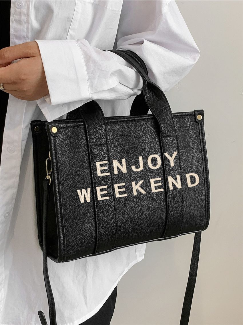Letter Print Tote Bag, Stylish Women's Handbag, Artificial Leather Shoulder Bag With Detachable Strap
