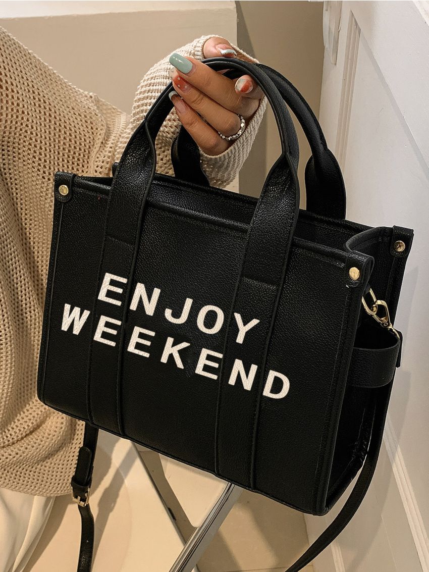 Letter Print Tote Bag, Stylish Women's Handbag, Artificial Leather Shoulder Bag With Detachable Strap