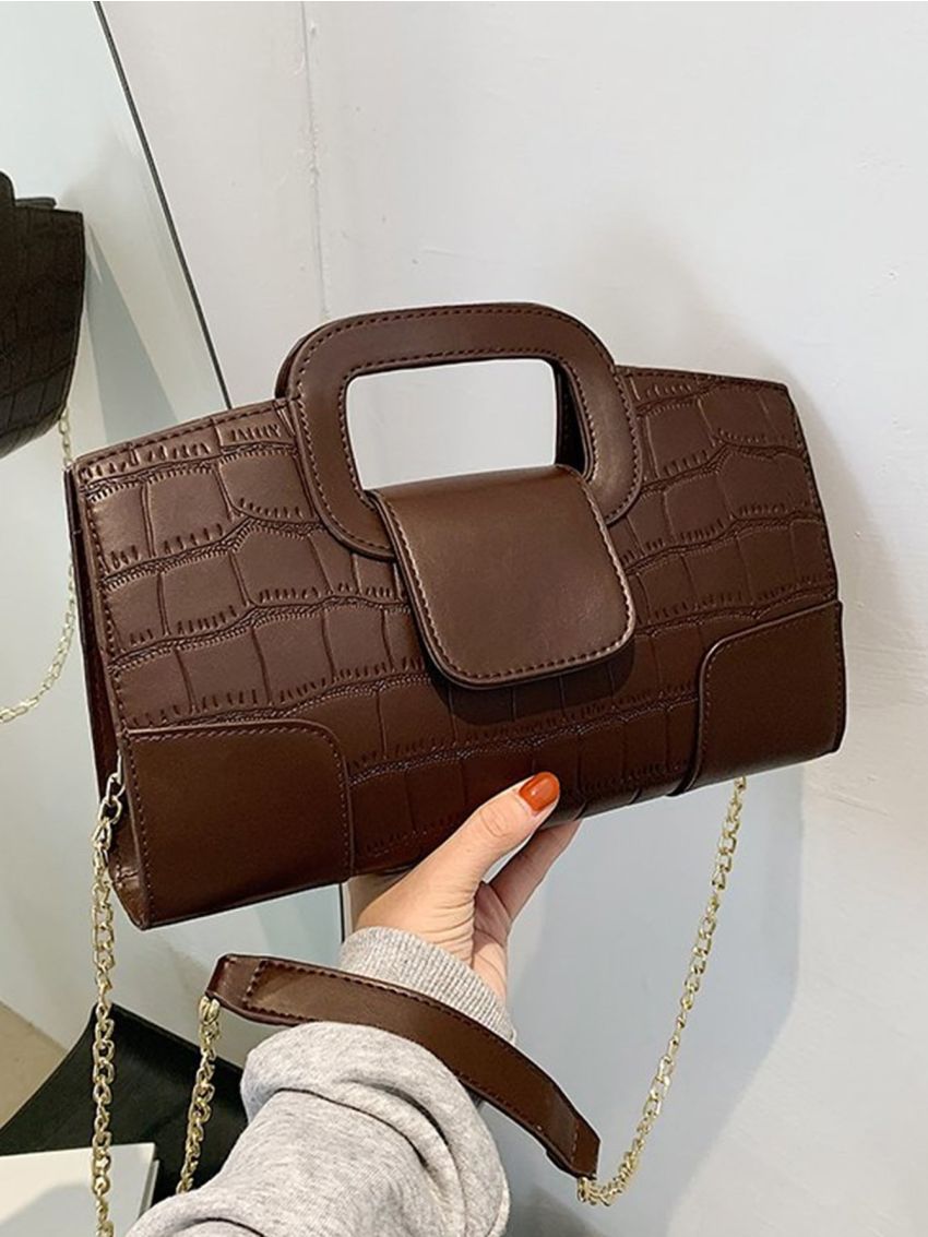 Crocodile Embossed Chain Square Bag