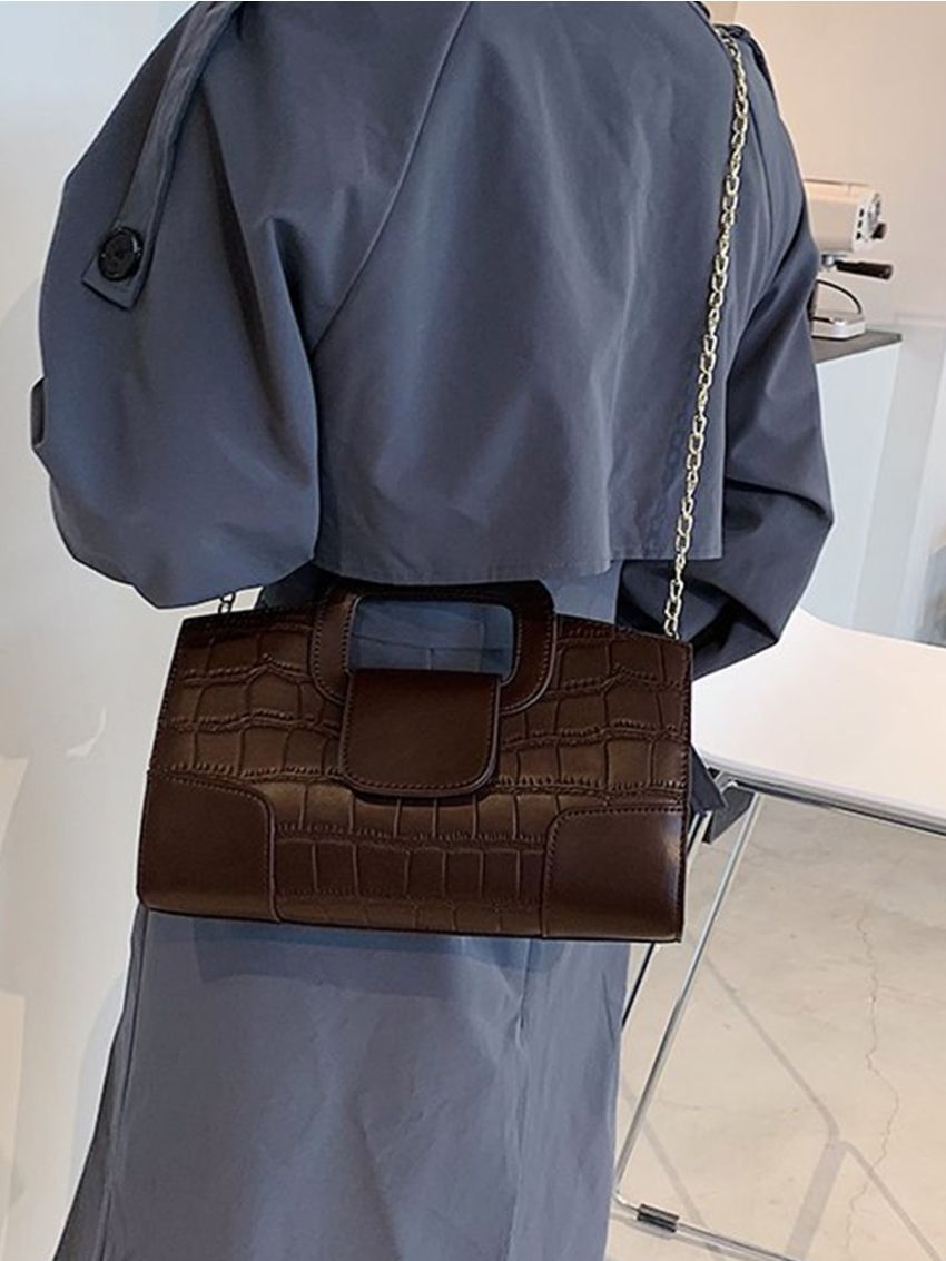 Crocodile Embossed Chain Square Bag