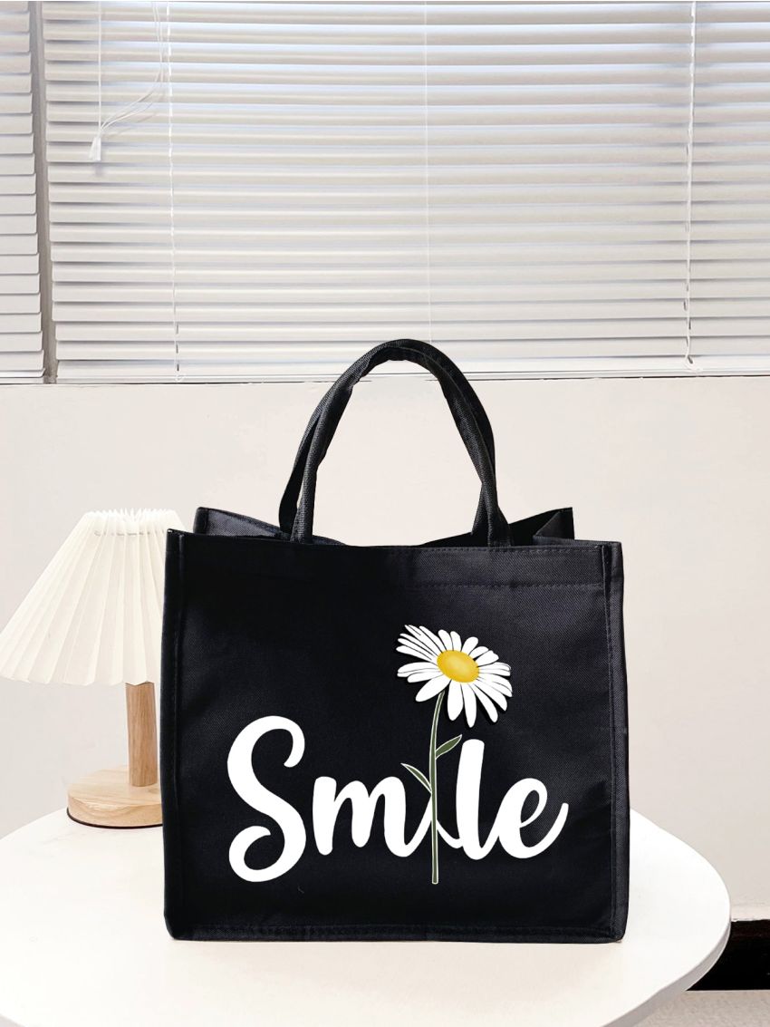 Letter & Floral Pattern Shopper Bag