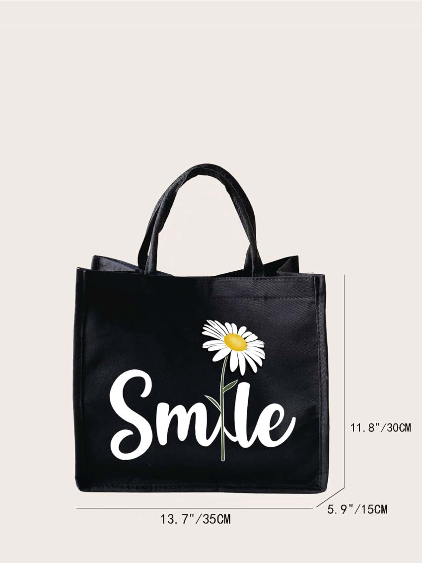 Letter & Floral Pattern Shopper Bag