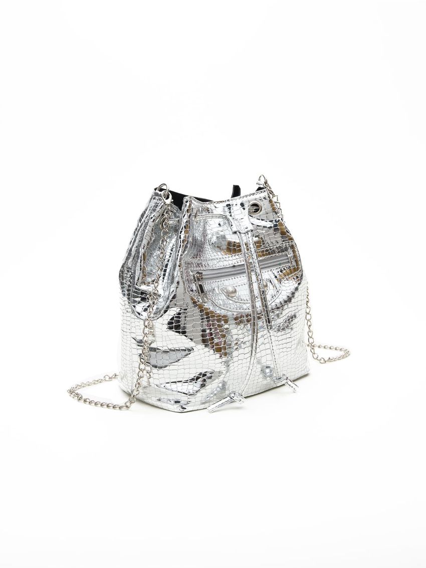 Geometric Embossed Zip Front Drawstring Design Bucket Bag