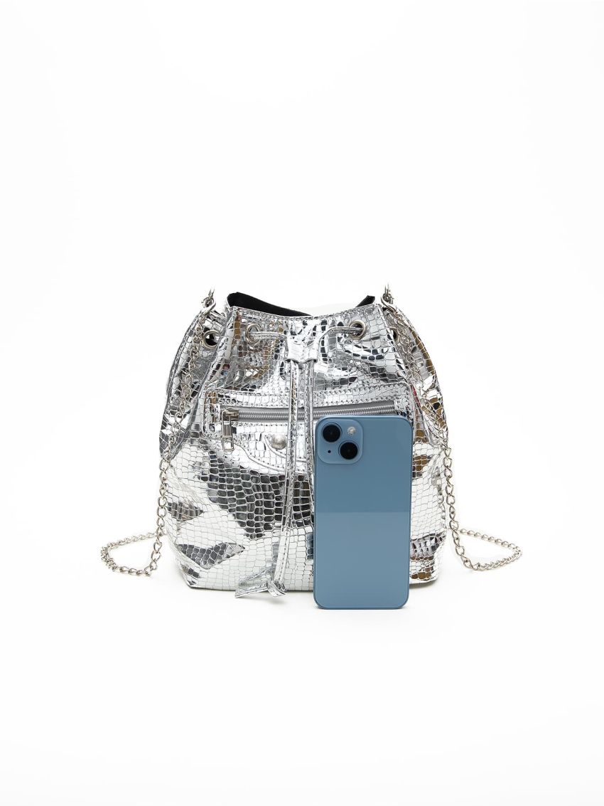 Geometric Embossed Zip Front Drawstring Design Bucket Bag