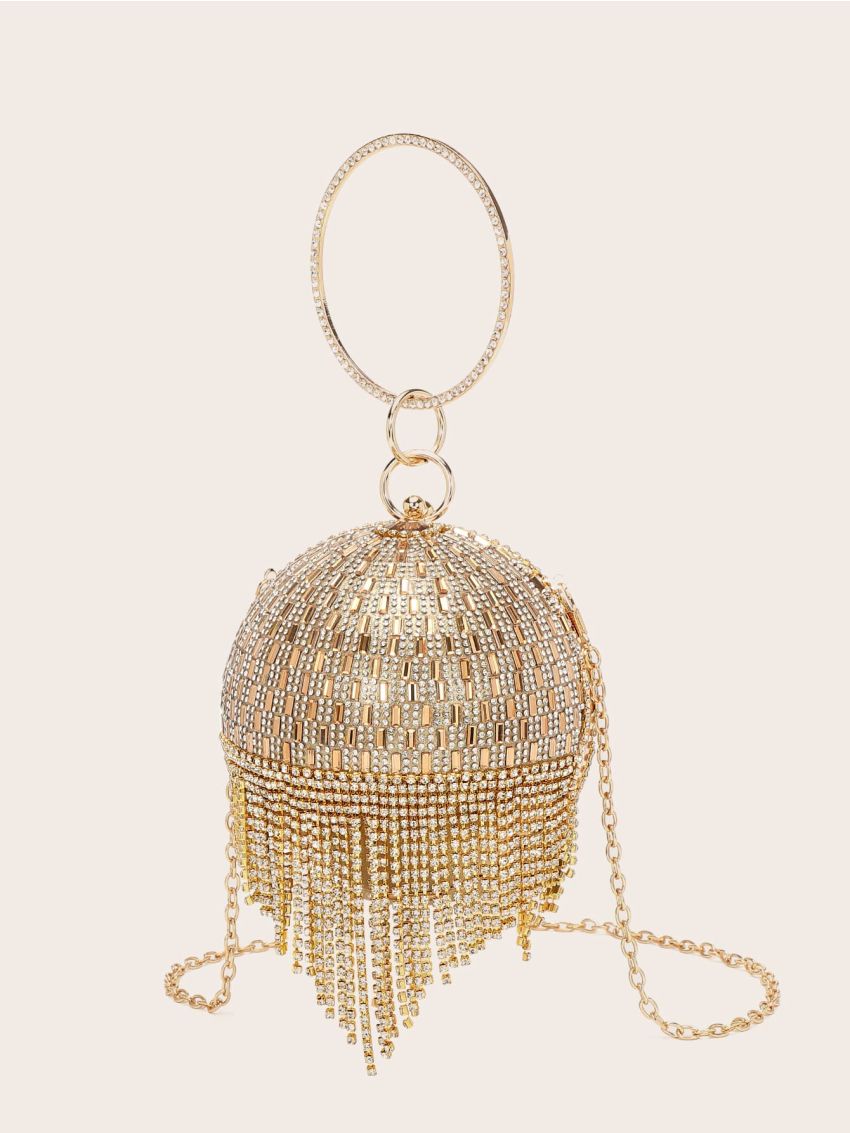 Mini Rhinestone & Fringe Decor Circle Bag, Perfect Bride Purse For Wedding, Prom & Party Events