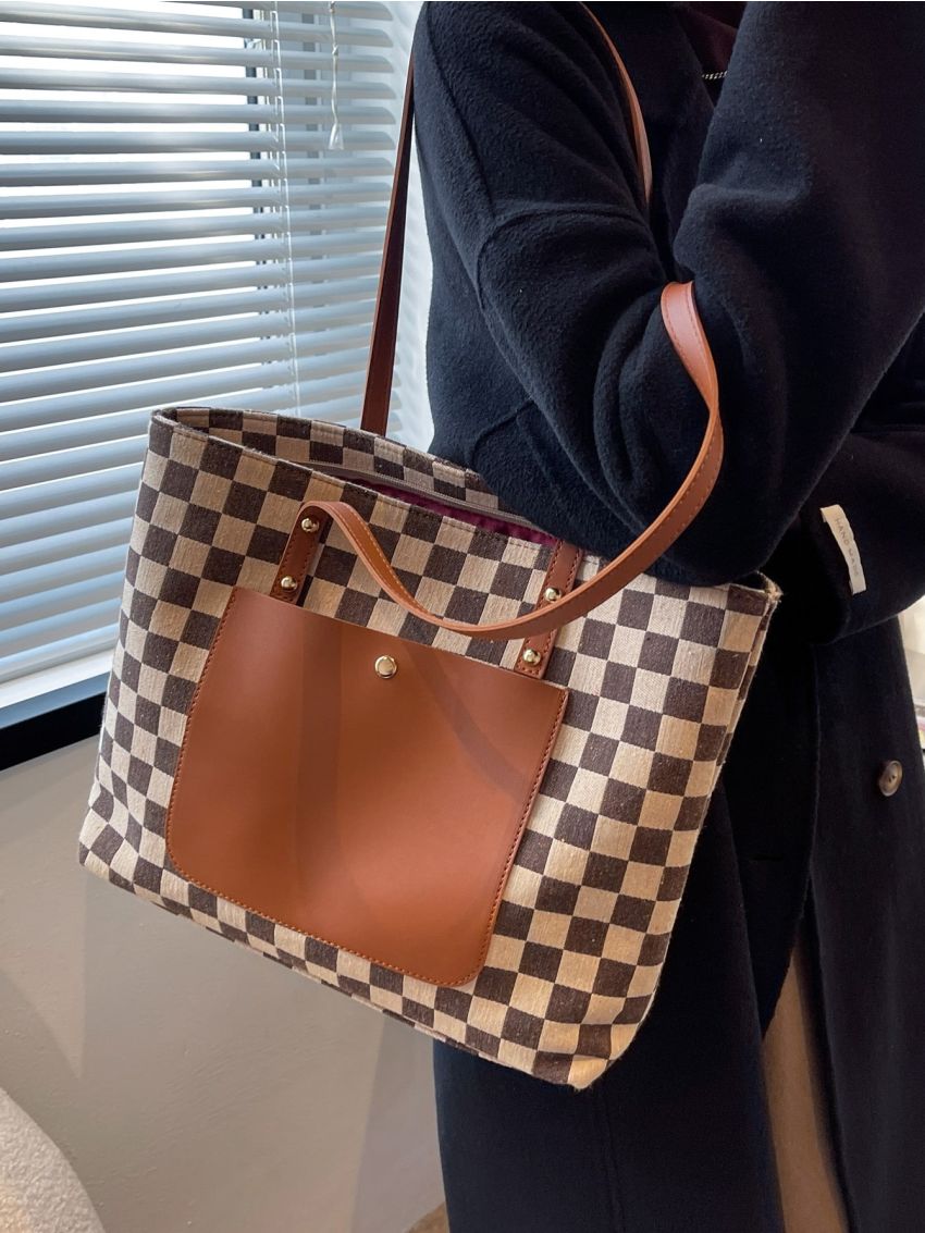 Checkered Pattern Shoulder Tote Bag