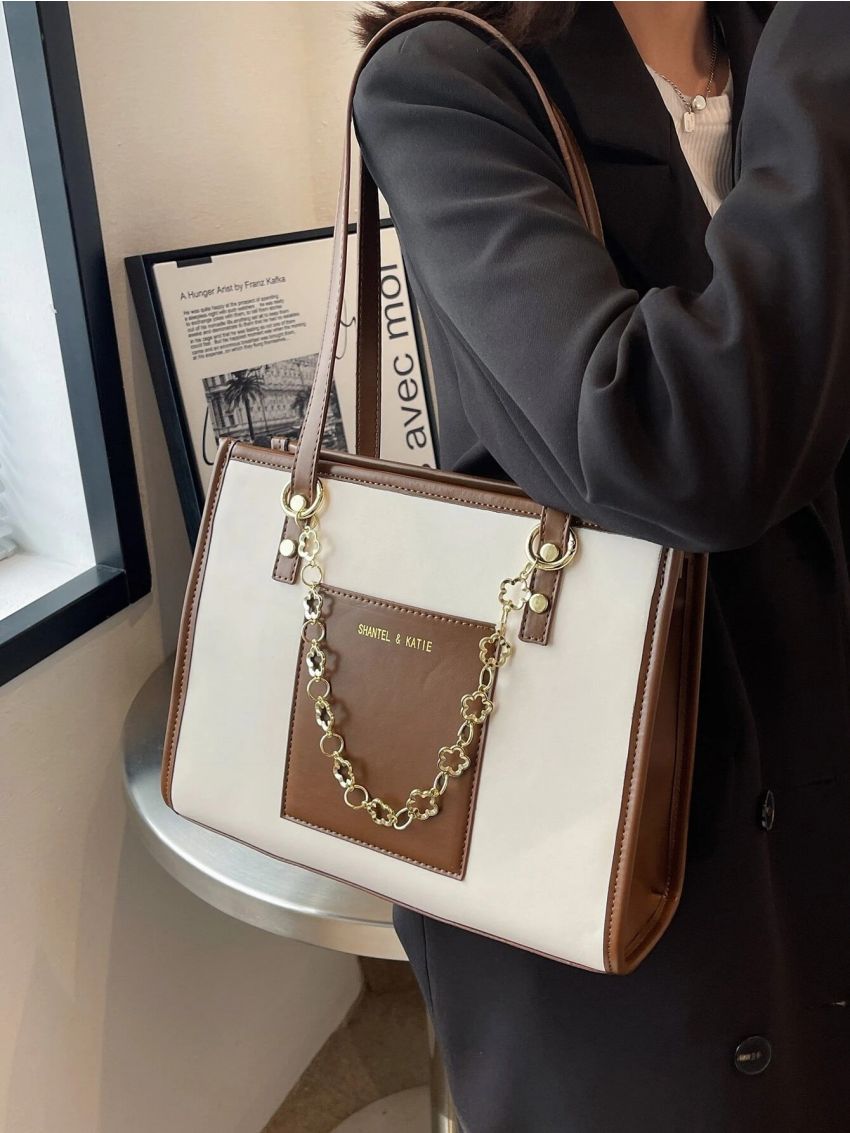 Letter Graphic Chain Decor Shoulder Tote Bag